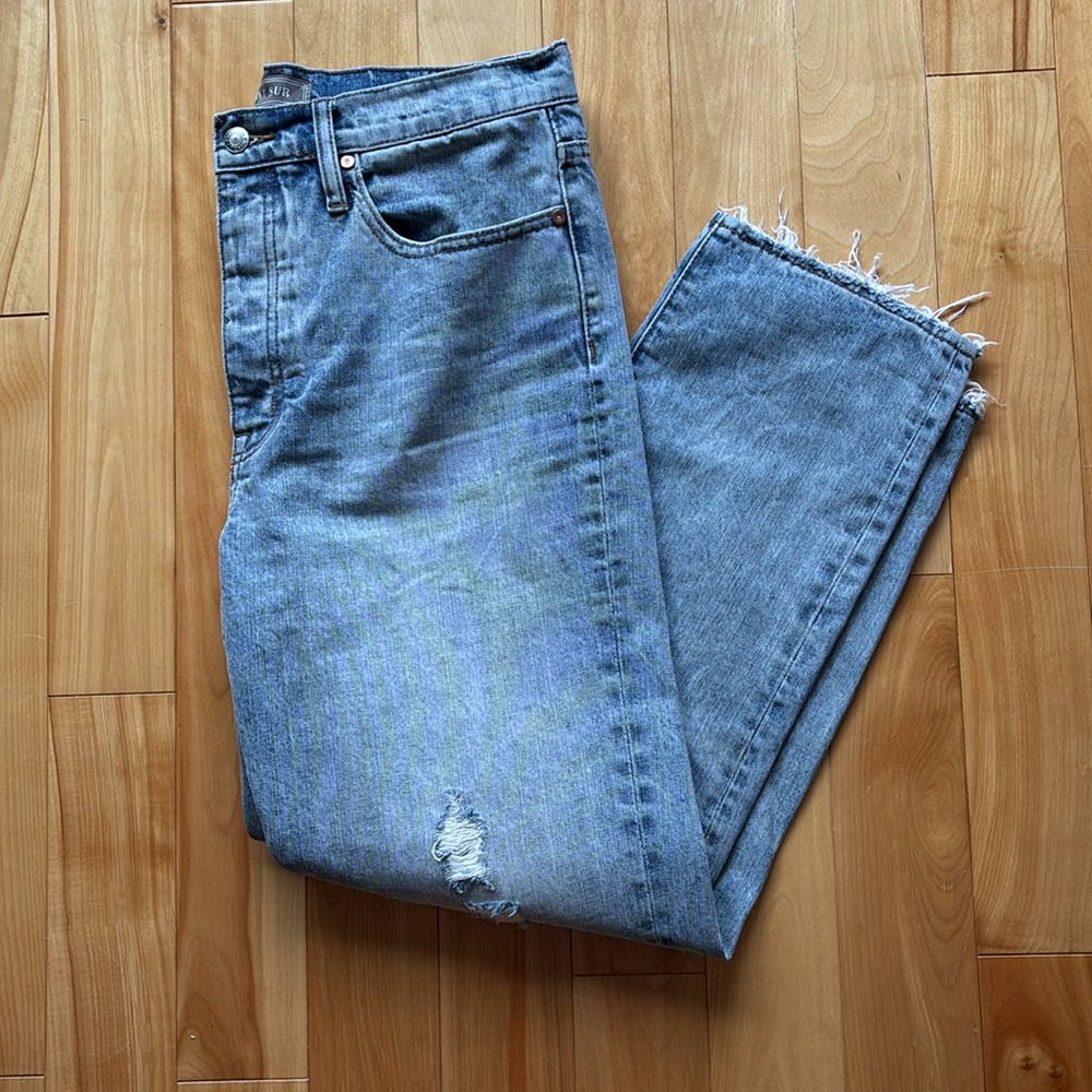 J Crew point sur distressed button fly light wash denim straight leg jeans